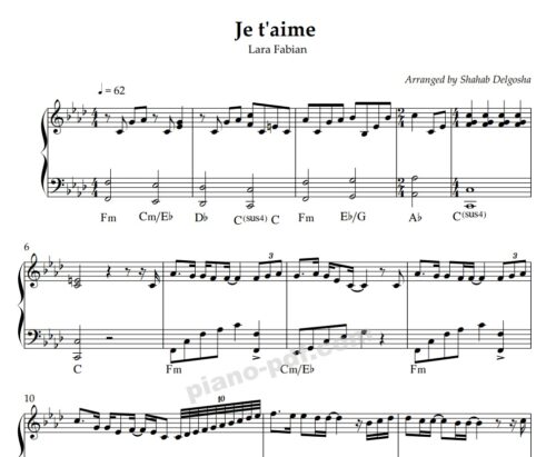 je t'aime piano sheet