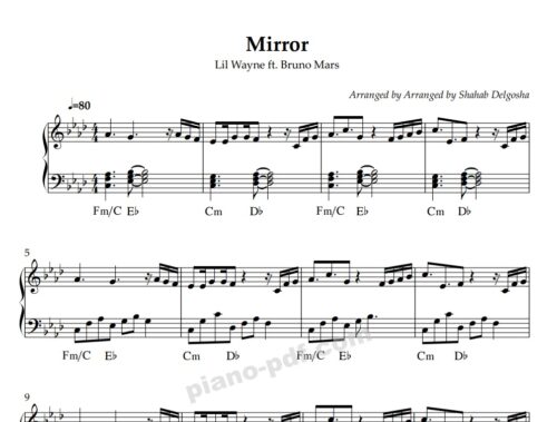 Mirror Lil Wayne ft Bruno Mars piano sheet