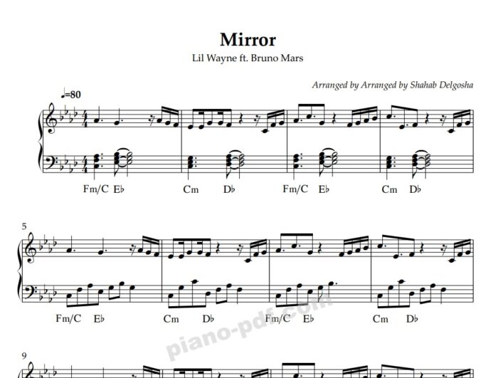 Mirror Lil Wayne ft Bruno Mars piano sheet