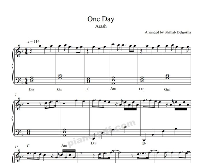 One Day Arash Piano Sheet