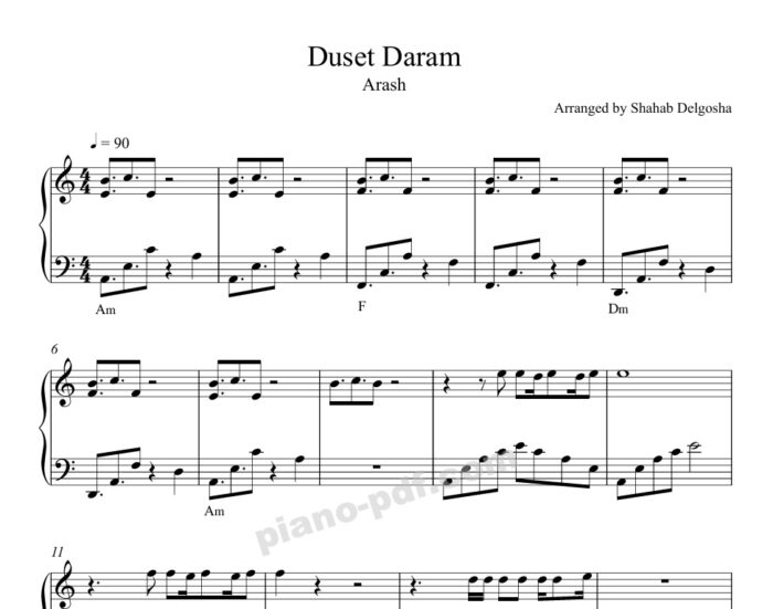 dooset daram arash piano sheet