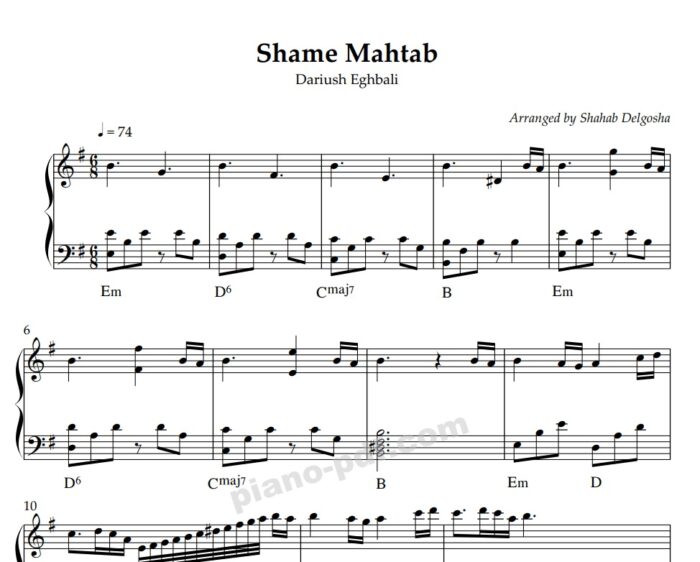 Shame Mahtab Piano Sheet