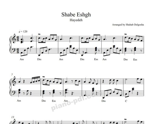 Shabe Eshgh Hayedeh Piano Sheet